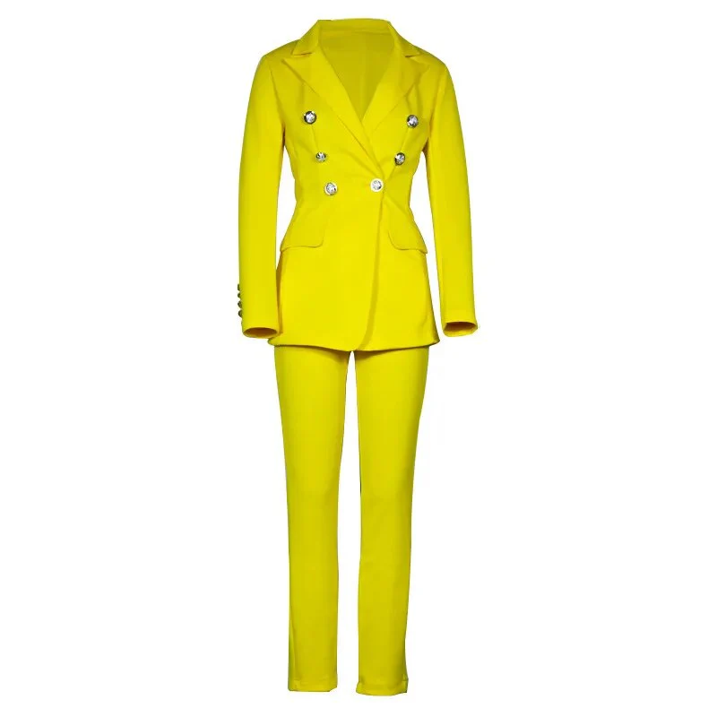 Spring Office Ladies Women's Pantsuit Double-Breasted Button Tops Casual Slim Caual Blazer and Pants Suits Set For Women - Image 2
