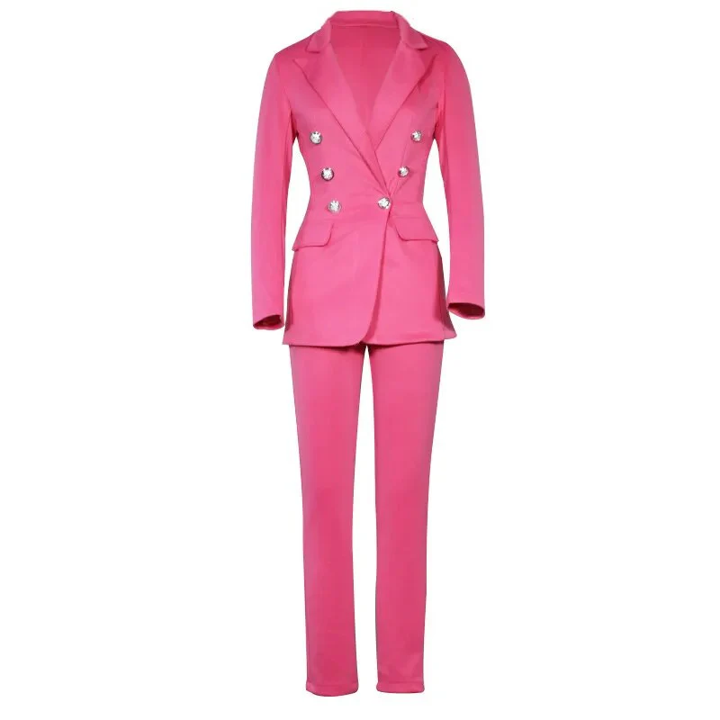 Spring Office Ladies Women's Pantsuit Double-Breasted Button Tops Casual Slim Caual Blazer and Pants Suits Set For Women - Image 4