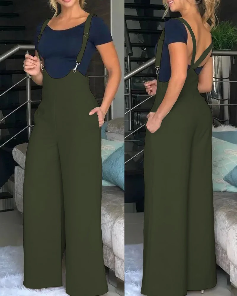 Spring Summer Casual Solid Strap Jumpsuit  Women Fashion High Waist Strap Wide Leg Bodysuit Women - Image 6
