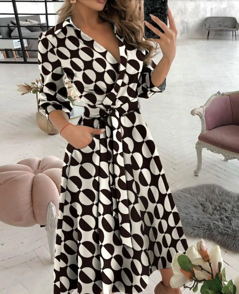 Spring/Summer Fashion Long sleeved V-neck Printed Hip Wrap Dress for Women - Image 11
