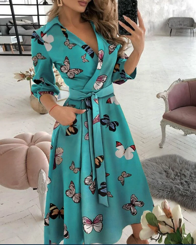 Spring/Summer Fashion Long sleeved V-neck Printed Hip Wrap Dress for Women - Image 12