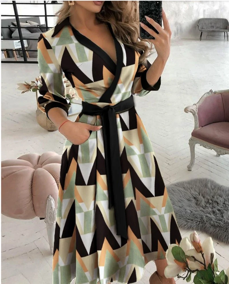 Spring/Summer Fashion Long sleeved V-neck Printed Hip Wrap Dress for Women - Image 15