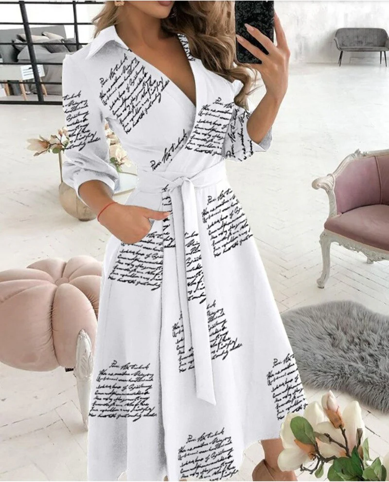 Spring/Summer Fashion Long sleeved V-neck Printed Hip Wrap Dress for Women - Image 2