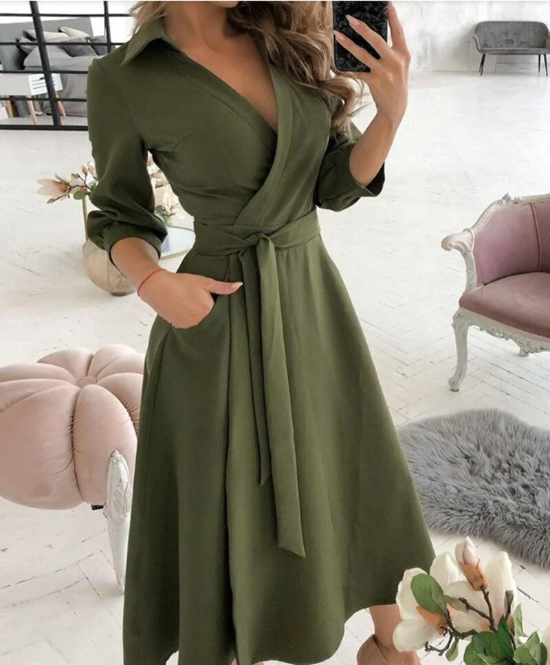 Spring/Summer Fashion Long sleeved V-neck Printed Hip Wrap Dress for Women - Image 5