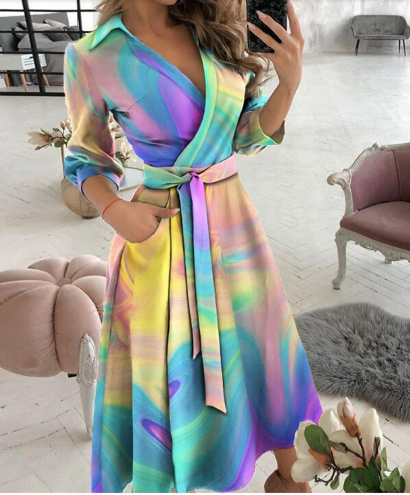Spring/Summer Fashion Long sleeved V-neck Printed Hip Wrap Dress for Women - Image 6