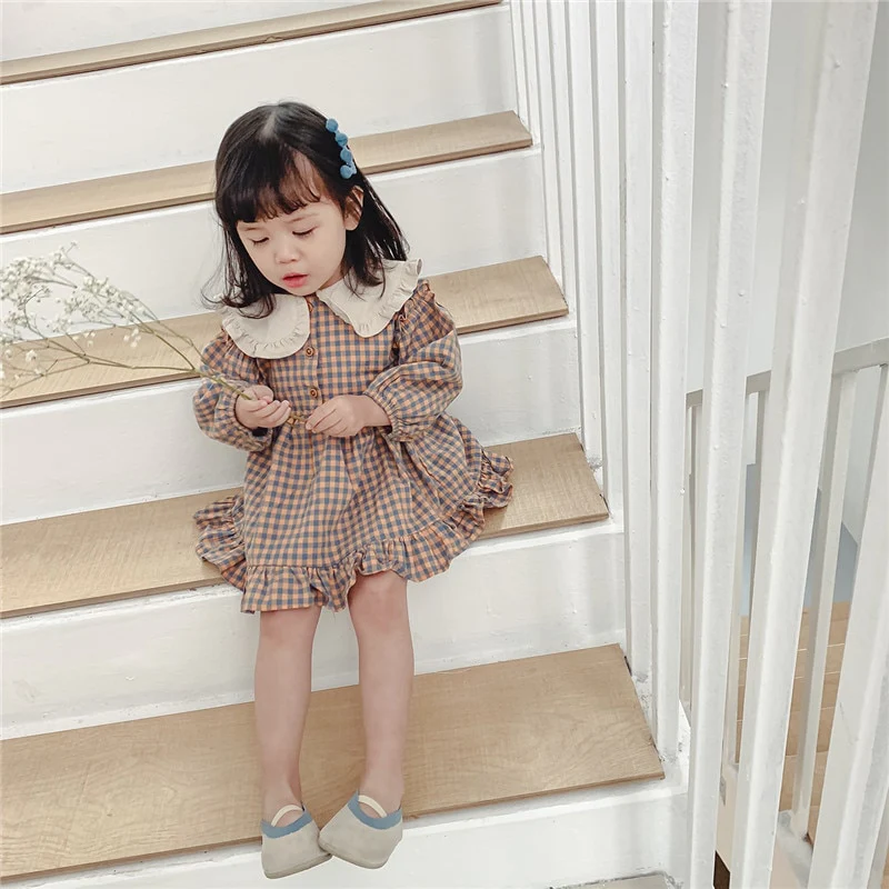 Spring Summer Girls Clothing Cute Children Dresses Kids Baby Girl Plaid Cotton Linen Lapel Collar Dress Long Sleeve Skirt - Image 2