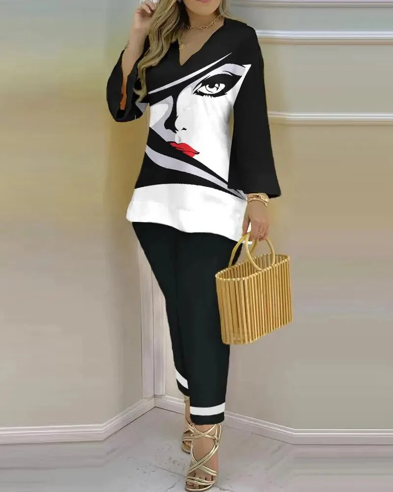 Spring Summer Streetwear Printed 2 Piece Sets Casual V Neck Long Sleeves Pullovers Pants Sets New Elegant Fashion Office Suits - Image 11