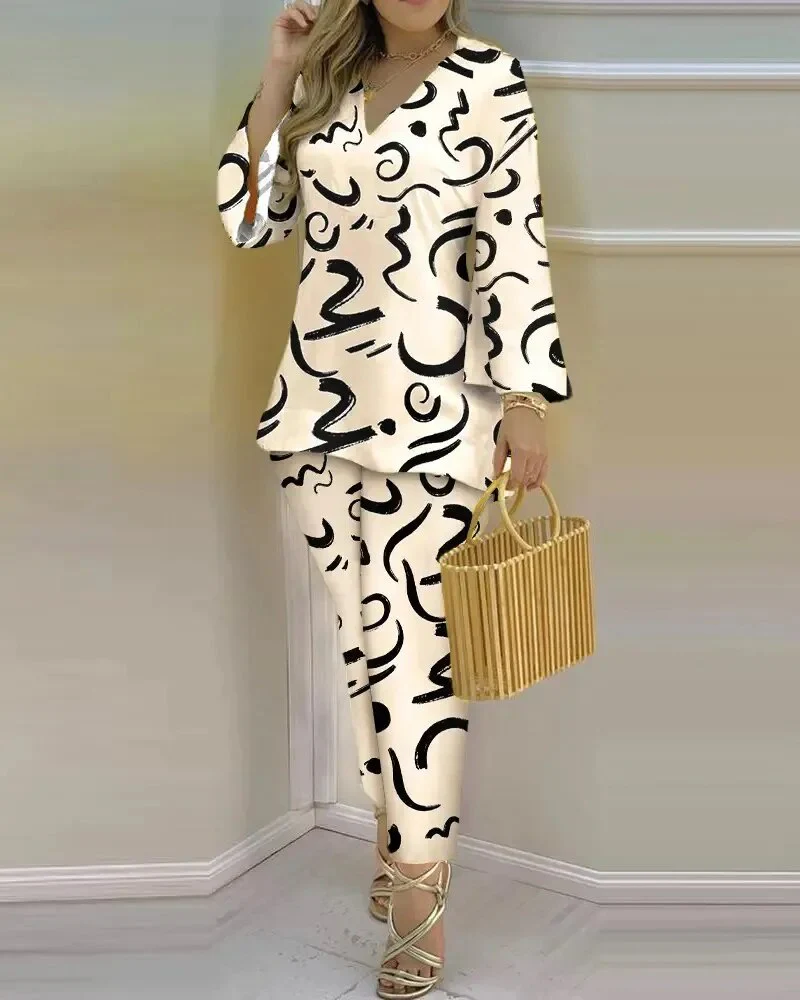 Spring Summer Streetwear Printed 2 Piece Sets Casual V Neck Long Sleeves Pullovers Pants Sets New Elegant Fashion Office Suits - Image 15