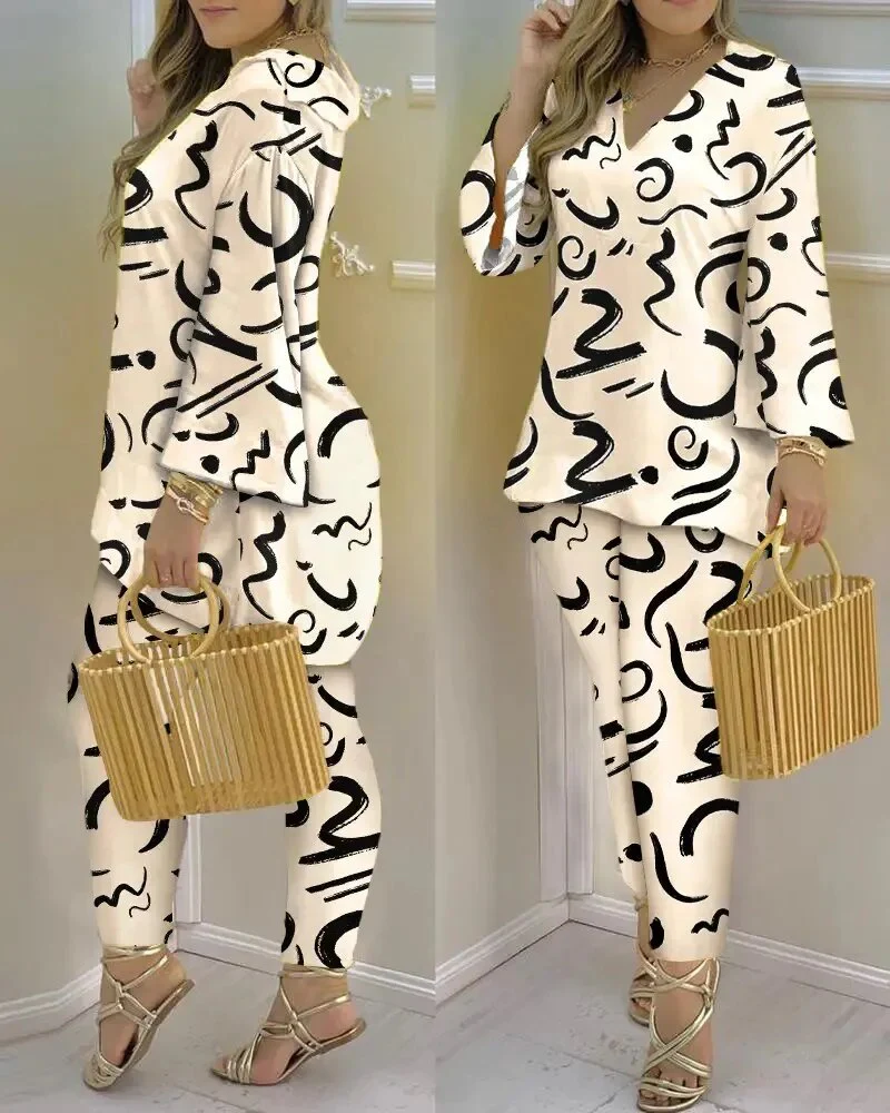 Spring Summer Streetwear Printed 2 Piece Sets Casual V Neck Long Sleeves Pullovers Pants Sets New Elegant Fashion Office Suits - Image 2