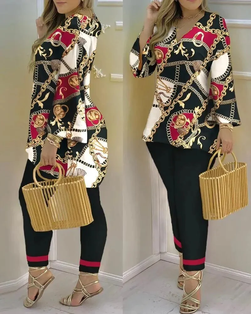Spring Summer Streetwear Printed 2 Piece Sets Casual V Neck Long Sleeves Pullovers Pants Sets New Elegant Fashion Office Suits - Image 3