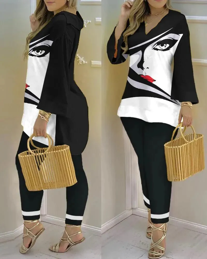 Spring Summer Streetwear Printed 2 Piece Sets Casual V Neck Long Sleeves Pullovers Pants Sets New Elegant Fashion Office Suits - Image 5