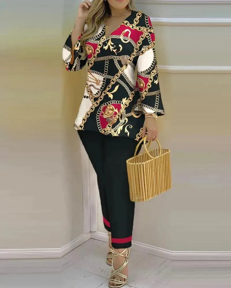 Spring Summer Streetwear Printed 2 Piece Sets Casual V Neck Long Sleeves Pullovers Pants Sets New Elegant Fashion Office Suits - Image 7