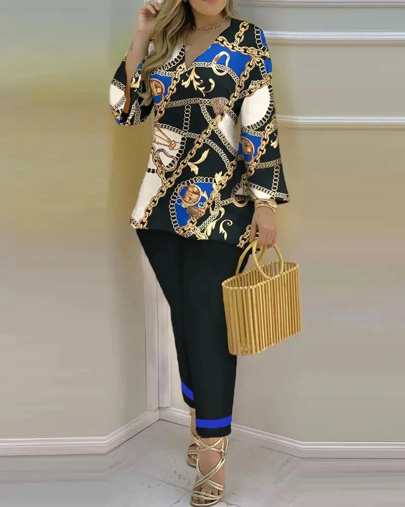 Spring Summer Streetwear Printed 2 Piece Sets Casual V Neck Long Sleeves Pullovers Pants Sets New Elegant Fashion Office Suits - Image 8