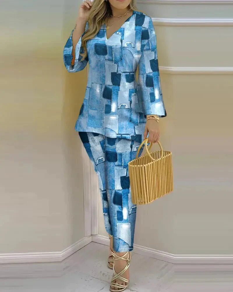 Spring Summer Streetwear Printed 2 Piece Sets Casual V Neck Long Sleeves Pullovers Pants Sets New Elegant Fashion Office Suits - Image 9