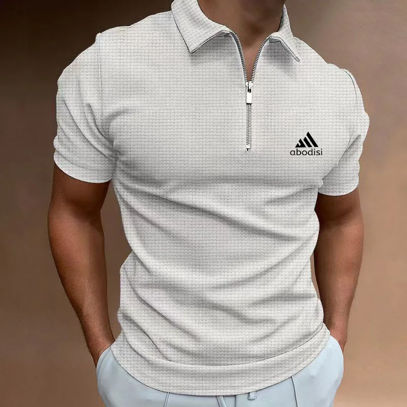 Spring/Summer Waffle Zipper POLO Shirt Checkered Color Block Men's Casual T-shirt Top High Street Business Office Short Slee