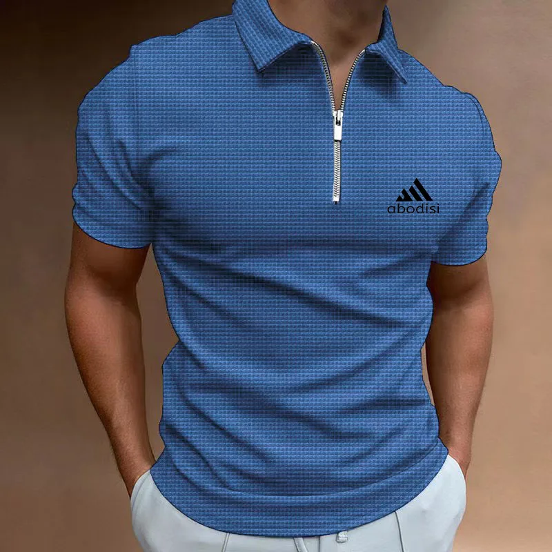 Spring/Summer Waffle Zipper POLO Shirt Checkered Color Block Men's Casual T-shirt Top High Street Business Office Short Slee - Image 6