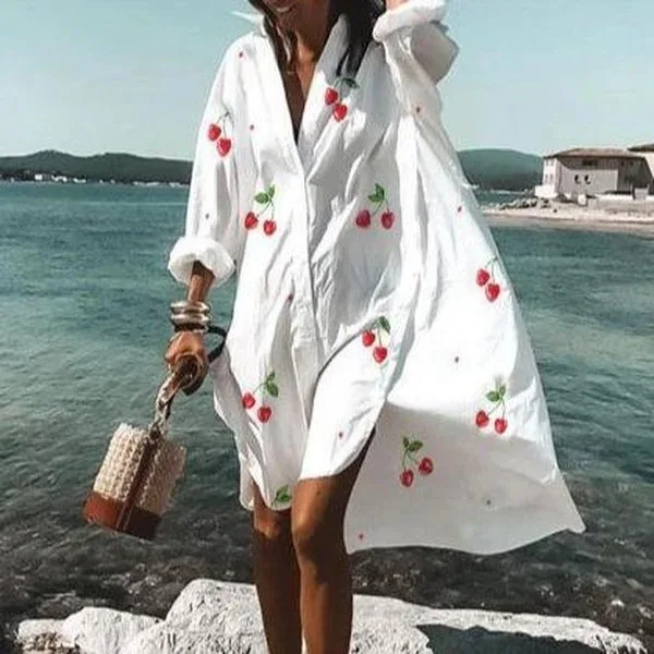 Spring Summer Women Loose Shirt Dress Casual Long Sleeve Printed V Neck Beach Shirt Dresses - Image 9