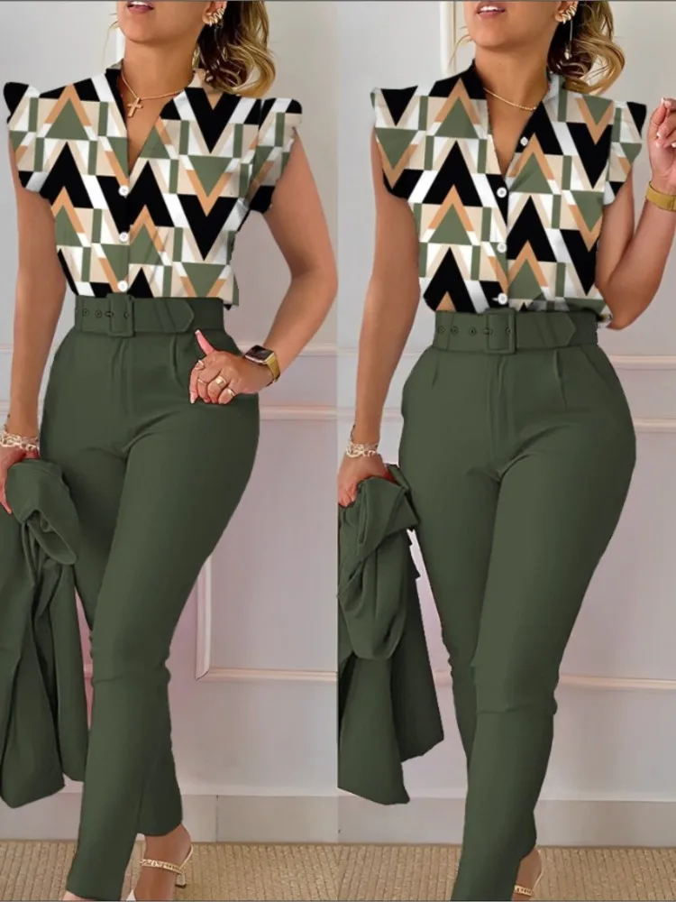 Spring Summer Women's New Printed Lotus Leaf Sleeveless Shirt Suit Slim Femal Office Solid Color Long Pants Belt Two Piece Set - Image 21