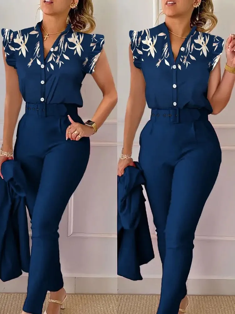 Spring Summer Women's New Printed Lotus Leaf Sleeveless Shirt Suit Slim Femal Office Solid Color Long Pants Belt Two Piece Set - Image 9
