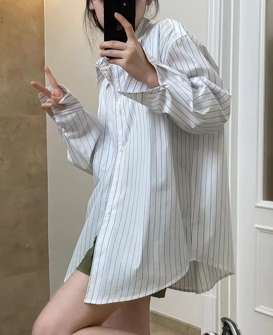 Spring/Summer Women's Striped Polo Neck Long Sleeve Pocket Decoration Loose Shirt - Image 4
