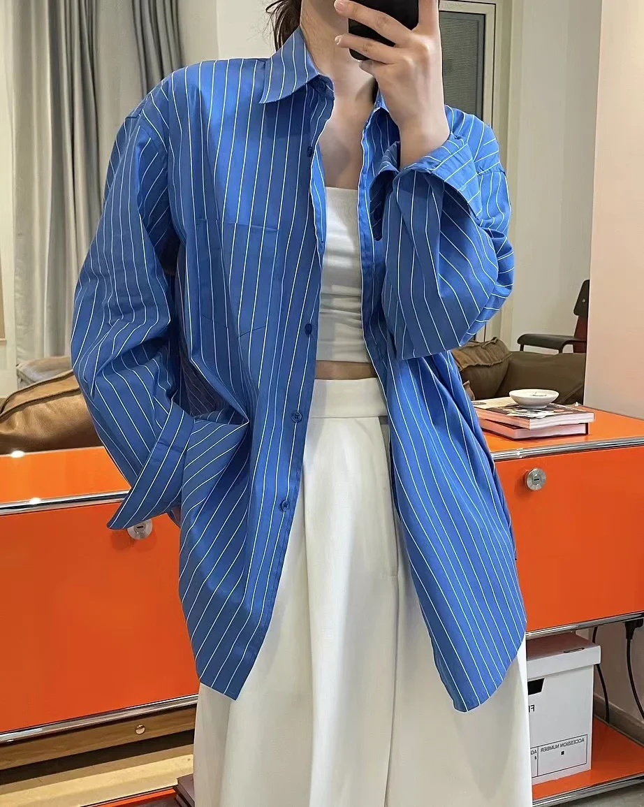 Spring/Summer Women's Striped Polo Neck Long Sleeve Pocket Decoration Loose Shirt - Image 7