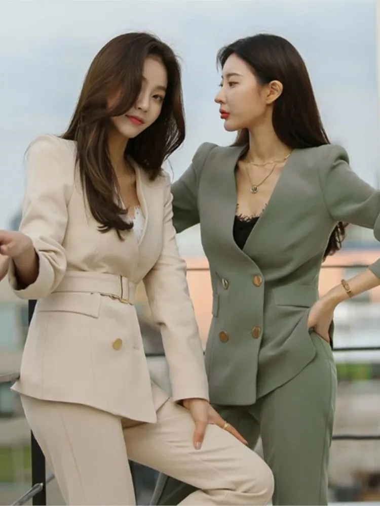 Spring Women Fashion Blazer Suit Long Sleeve Blazer With Belt Pants Suit Set Office Lady Two Piece Sets Outfits - Image 4