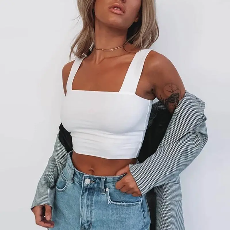 Square Neck Sleeveless Summer Crop Top White Women Black Casual Basic T Shirt Off Shoulder Cami Sexy Backless Tank Top - Image 11