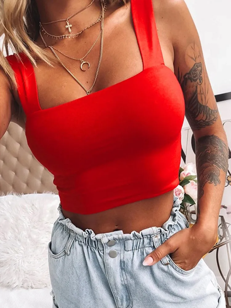 Square Neck Sleeveless Summer Crop Top White Women Black Casual Basic T Shirt Off Shoulder Cami Sexy Backless Tank Top - Image 5