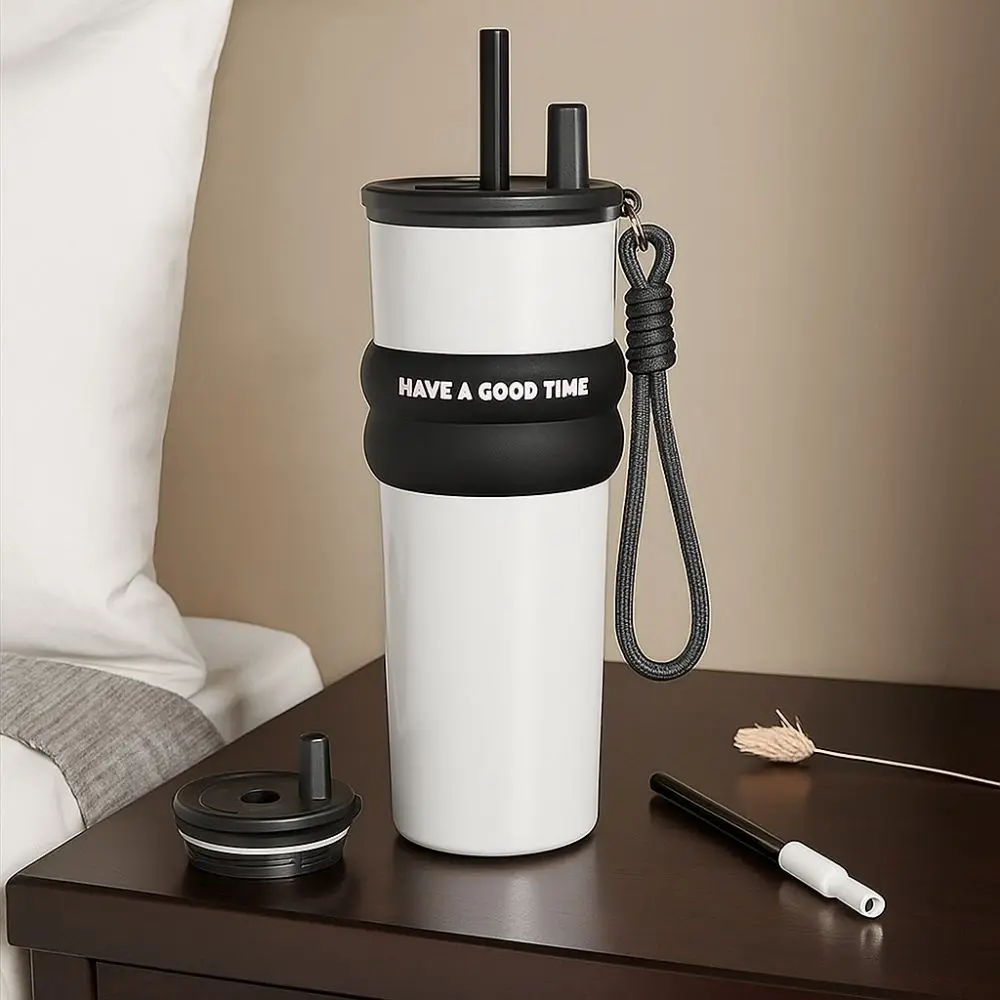 Stainless Steel Vacuum Insulated Bottle Large Caliber Large Capacity Thermal Cup With Straw with Lifting Rope Insulated Cup Car - Image 2