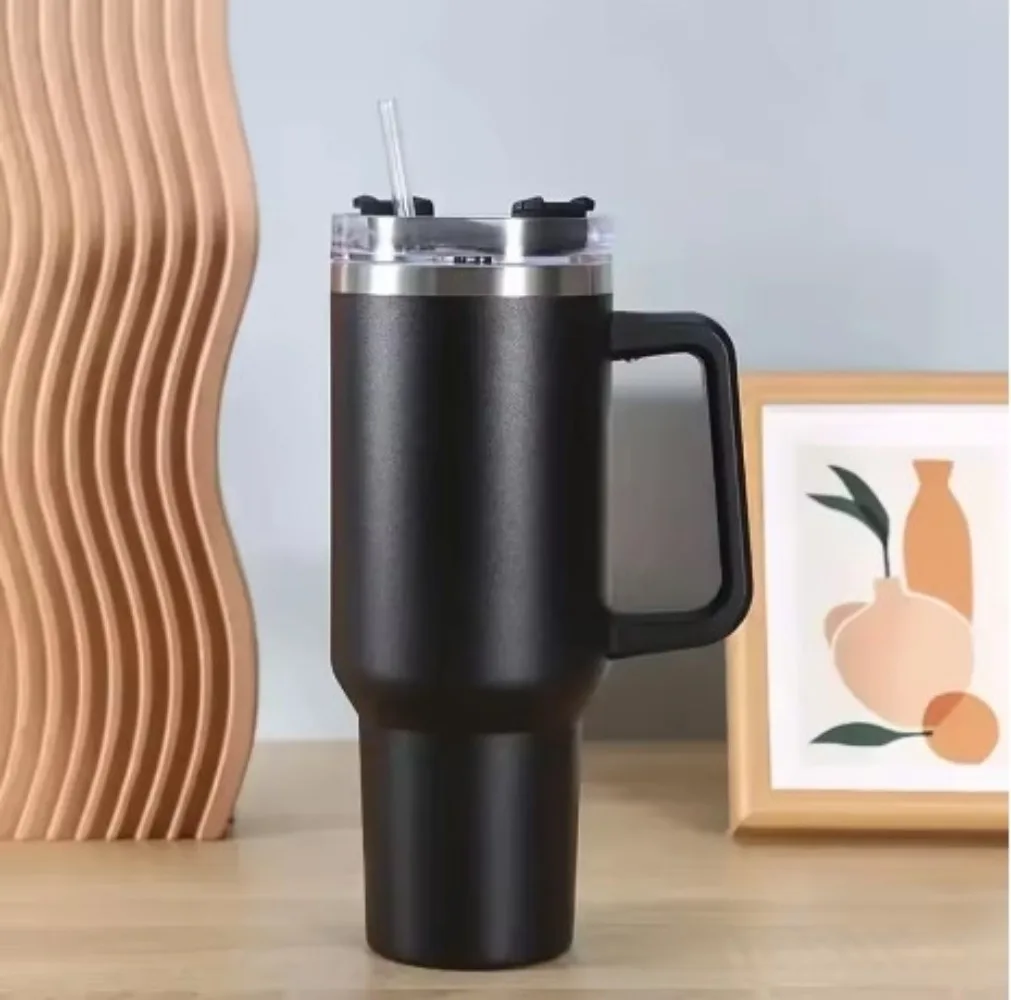 Stainless Steel Vacuum Insulated Car Cup with Dual Straw Lid, Thermal Icy Travel Handle 40oz New - Image 4
