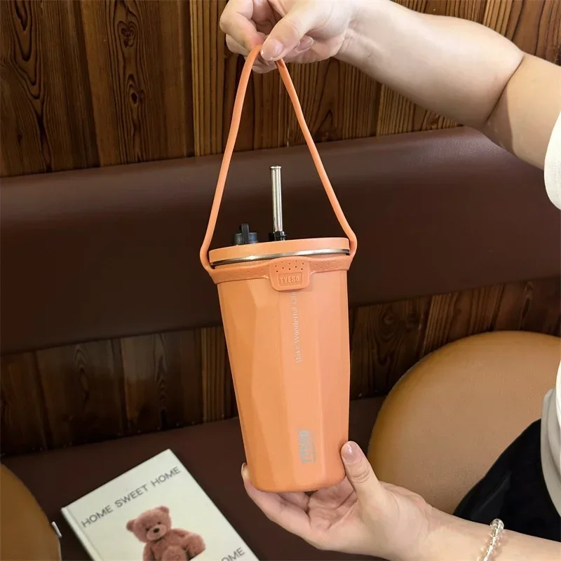 Stainless Steel Vacuum Insulated Coffee Mugs with Straw and Silicone Rope Portable Large Capacity Ice Bar Thermal Water Cup - Image 8