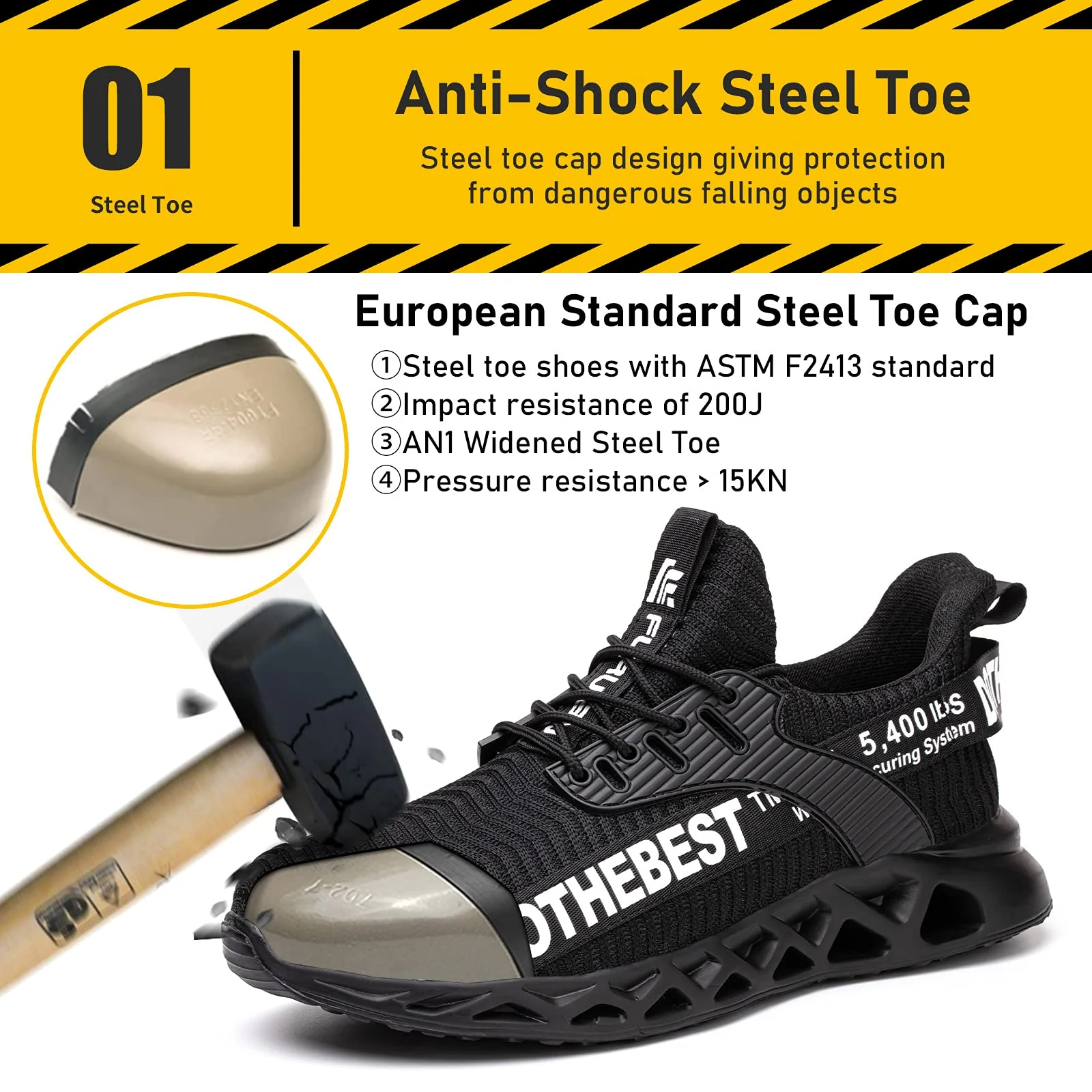 Steel Toe Shoes for Men Lightweight Indestructible Work Sneakers Women Puncture Proof Comfortable Slip On Safety Shoes Black Size M10/W11.5 - Image 7