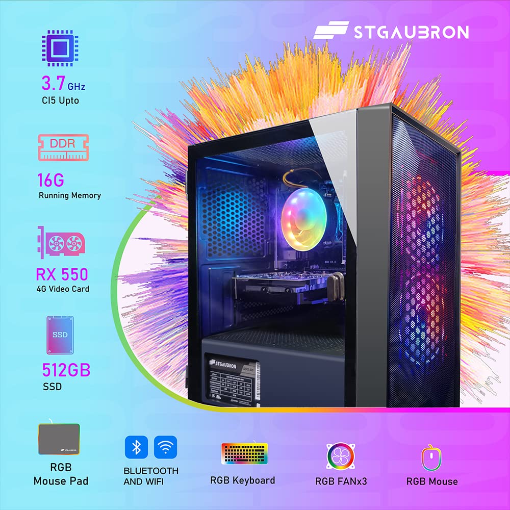 STGAubron Gaming Desktop PC, Intel Core I5 3.3Ghz up to 3.7Ghz, AMD Radeon RX 550 4G GDDR5, 16G Ram, 512G SSD, WiFi, BT 5.0, RGB Fan x 3, RGB Keybaord & Mouse, RGB Mouse Pad, W10H64 - Image 3