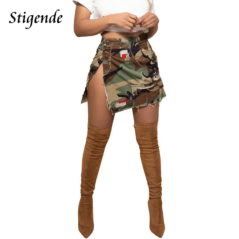 Stigende Sexy High Split Camouflage Mini Skirt Women Army Green Ripped Irregular Skirt Spliced Color Pocket Button Party Skirt - Image 12