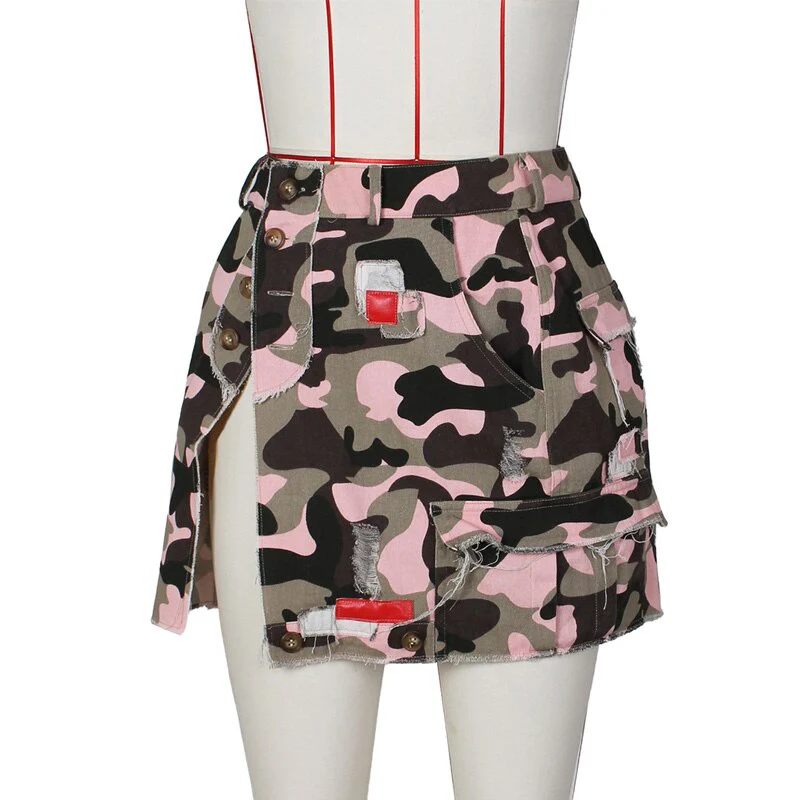 Stigende Sexy High Split Camouflage Mini Skirt Women Army Green Ripped Irregular Skirt Spliced Color Pocket Button Party Skirt - Image 2