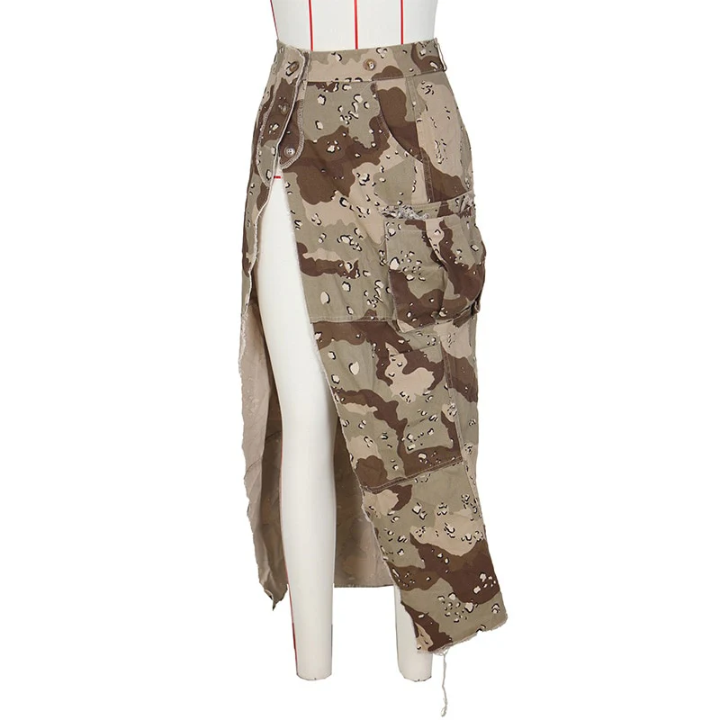 Stigende Women Sexy High Split Camouflage Skirt Army Green Ripped Irregular Skirt Spliced Color Pocket Button Long Maxi Skirt - Image 7