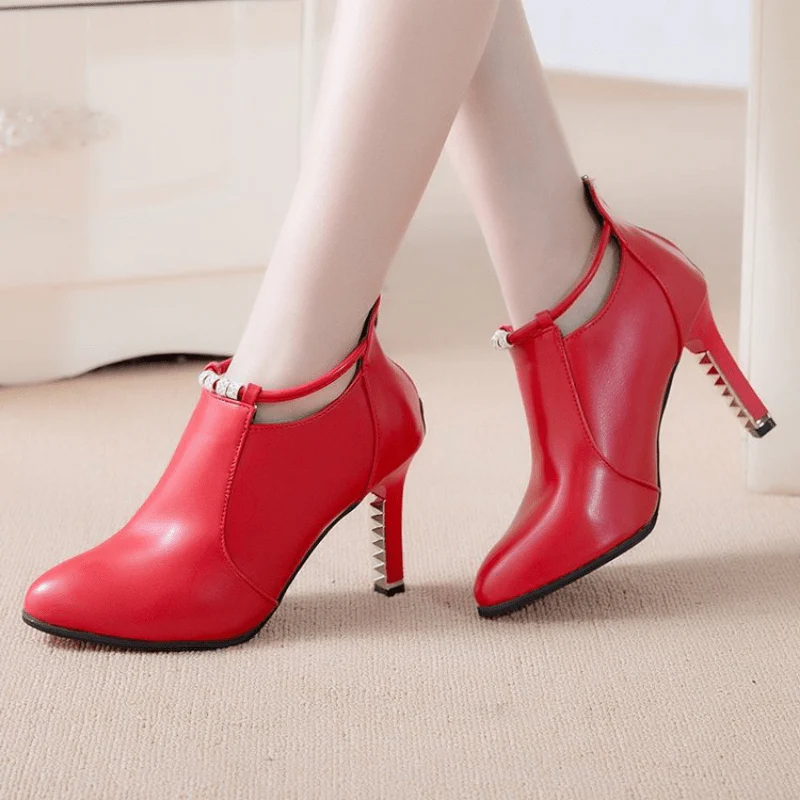[Stiletto | Synthetic] Ultrahigh Stiletto Heels Women's Pointed Toe Ankle Boots | Synthetic, Casual Dress Style with Back Zipper, Metal Thin Heel, Rhinestone Detail | Fashion Comfortable Shoes for Autumn and Winter 2022 - Image 2