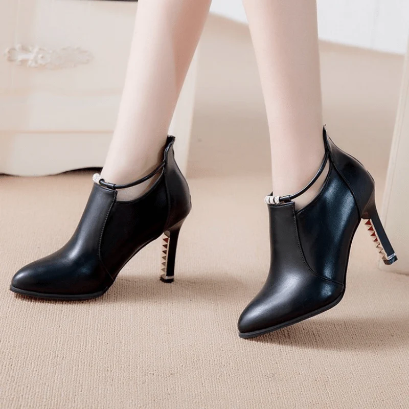 [Stiletto | Synthetic] Ultrahigh Stiletto Heels Women's Pointed Toe Ankle Boots | Synthetic, Casual Dress Style with Back Zipper, Metal Thin Heel, Rhinestone Detail | Fashion Comfortable Shoes for Autumn and Winter 2022 - Image 3