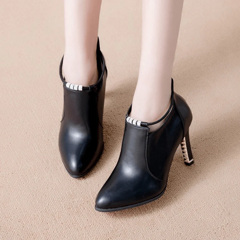 [Stiletto | Synthetic] Ultrahigh Stiletto Heels Women's Pointed Toe Ankle Boots | Synthetic, Casual Dress Style with Back Zipper, Metal Thin Heel, Rhinestone Detail | Fashion Comfortable Shoes for Autumn and Winter 2022 - Image 4