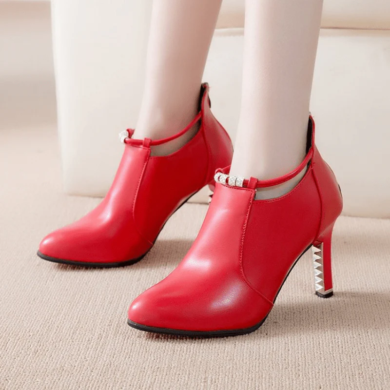 [Stiletto | Synthetic] Ultrahigh Stiletto Heels Women's Pointed Toe Ankle Boots | Synthetic, Casual Dress Style with Back Zipper, Metal Thin Heel, Rhinestone Detail | Fashion Comfortable Shoes for Autumn and Winter 2022 - Image 5
