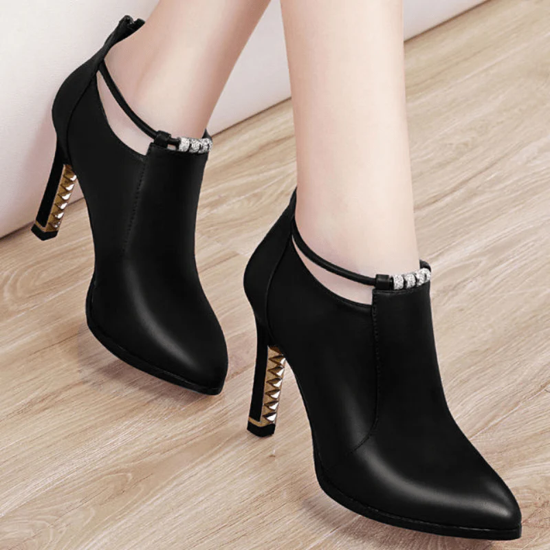 [Stiletto | Synthetic] Ultrahigh Stiletto Heels Women's Pointed Toe Ankle Boots | Synthetic, Casual Dress Style with Back Zipper, Metal Thin Heel, Rhinestone Detail | Fashion Comfortable Shoes for Autumn and Winter 2022 - Image 7