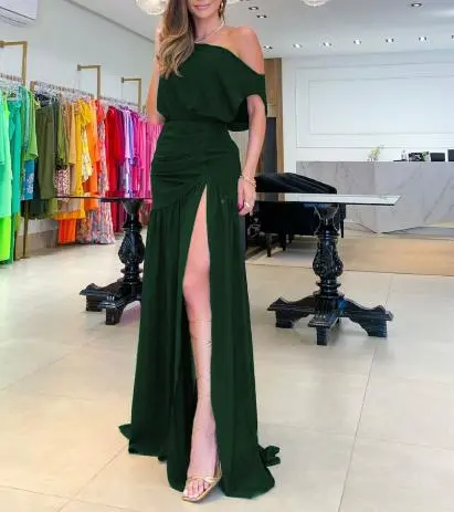 Street Trendsetter Off-The-Shoulder Short-Sleeved Slit Floor Mopping Resort Dress Female Elegant French Retro Sweet Long Dresses - Image 12