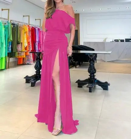 Street Trendsetter Off-The-Shoulder Short-Sleeved Slit Floor Mopping Resort Dress Female Elegant French Retro Sweet Long Dresses - Image 13