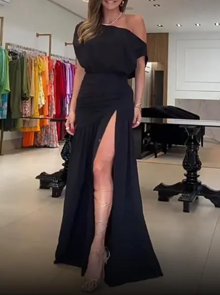 Street Trendsetter Off-The-Shoulder Short-Sleeved Slit Floor Mopping Resort Dress Female Elegant French Retro Sweet Long Dresses - Image 15
