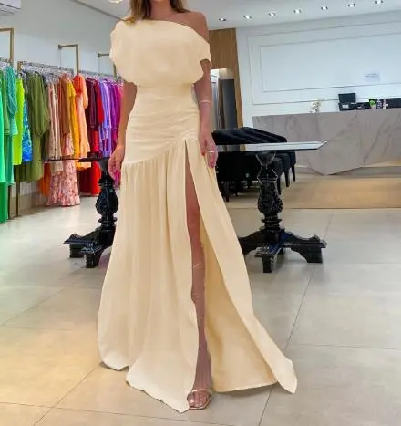 Street Trendsetter Off-The-Shoulder Short-Sleeved Slit Floor Mopping Resort Dress Female Elegant French Retro Sweet Long Dresses - Image 2