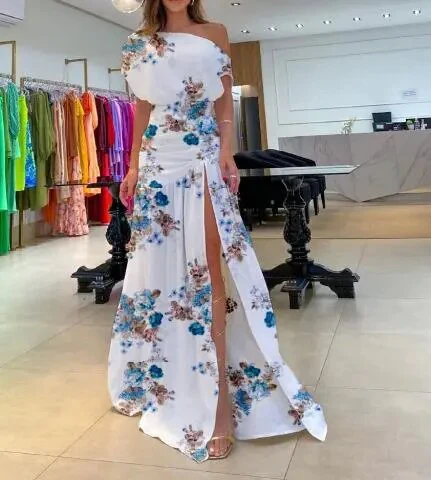 Street Trendsetter Off-The-Shoulder Short-Sleeved Slit Floor Mopping Resort Dress Female Elegant French Retro Sweet Long Dresses - Image 3