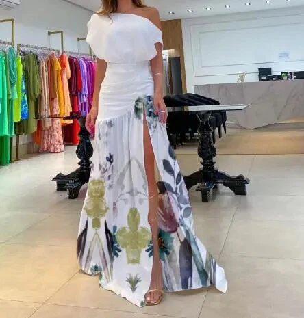 Street Trendsetter Off-The-Shoulder Short-Sleeved Slit Floor Mopping Resort Dress Female Elegant French Retro Sweet Long Dresses - Image 4