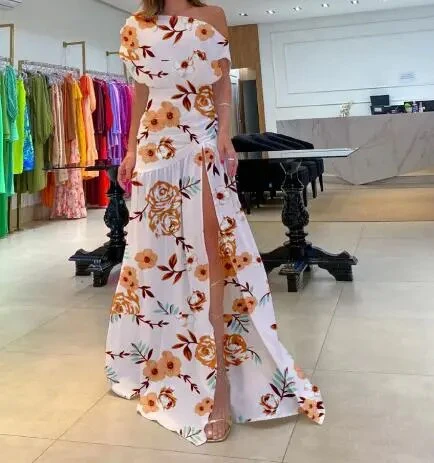 Street Trendsetter Off-The-Shoulder Short-Sleeved Slit Floor Mopping Resort Dress Female Elegant French Retro Sweet Long Dresses - Image 5