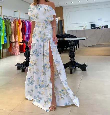 Street Trendsetter Off-The-Shoulder Short-Sleeved Slit Floor Mopping Resort Dress Female Elegant French Retro Sweet Long Dresses - Image 6