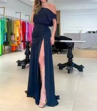 Street Trendsetter Off-The-Shoulder Short-Sleeved Slit Floor Mopping Resort Dress Female Elegant French Retro Sweet Long Dresses - Image 7